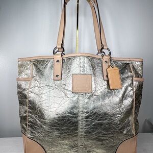 Coach Metallic Leather Tote Bag Silver Champagne Large Shoulder Bag Style 26141